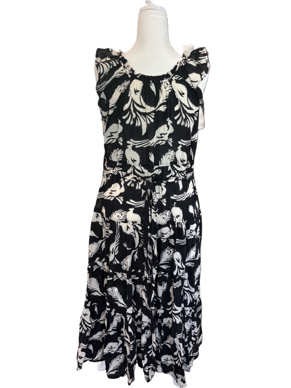Lido cotton midi dress. Black white birds feathers tiered skirt OS ruffle sleeve - Picture 3 of 12